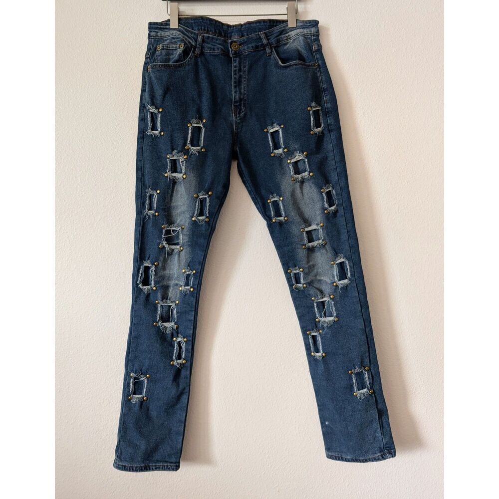 Jeans Wear Distressed Jeans Size 36 Blue Studded Cutout Denim Stretch